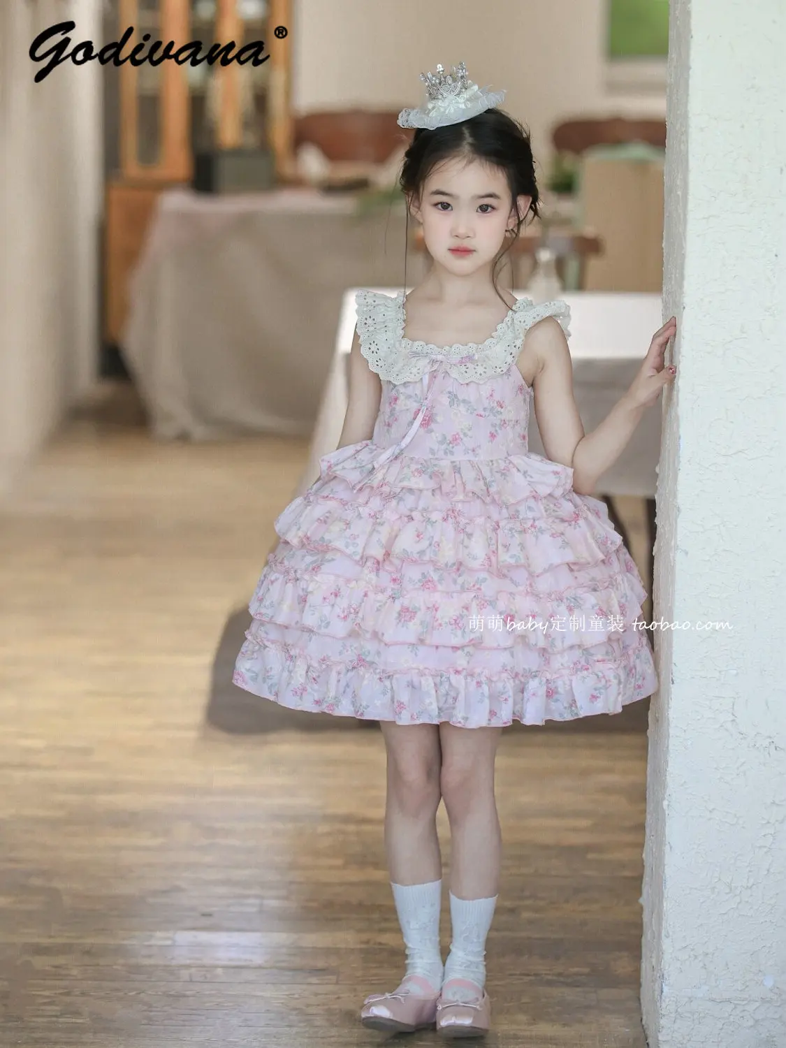 Baby Girls Sweet Pink Floral Cake Dress 2026 Summer New Childrens Small Flying Sleeves Lace Ruffle Trim Vacation Princess Dress