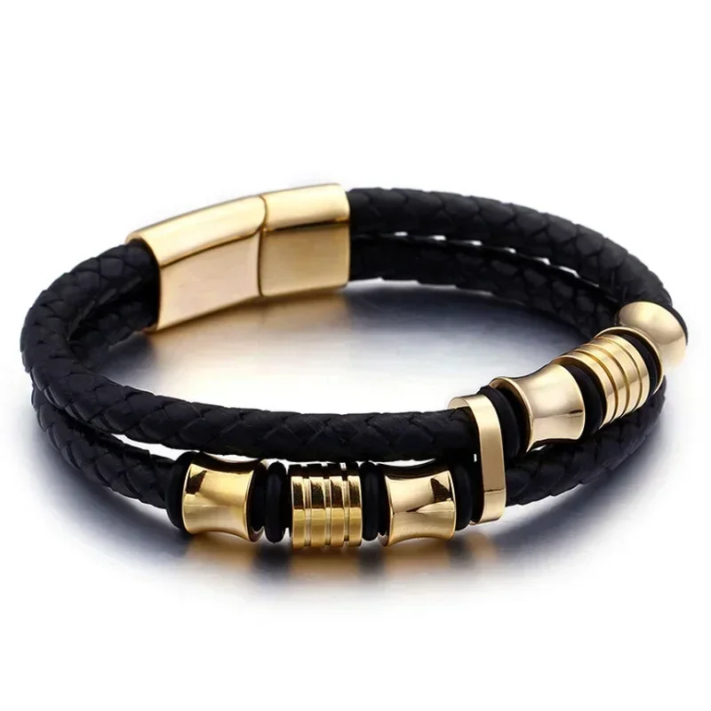 Classic Vintage Magnetic Buckle X Pendant Black Leather Bracelet, Suitable for Men\\\\\\'s Fashion Casual Rock Jewelry