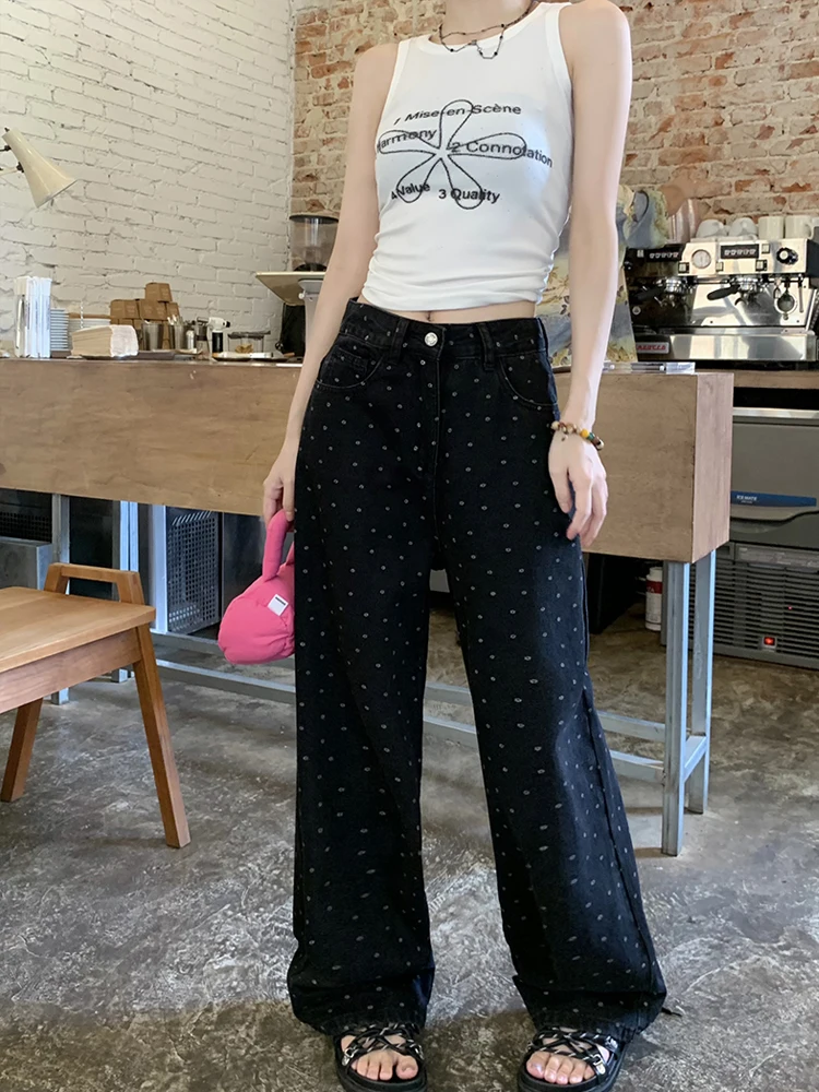 QWEEK Y2k Black Polka Dot Jeans Women Vintage High Waist Loose Wide Leg Pants Korean Streetwear Fashion Casual Straight Trousers