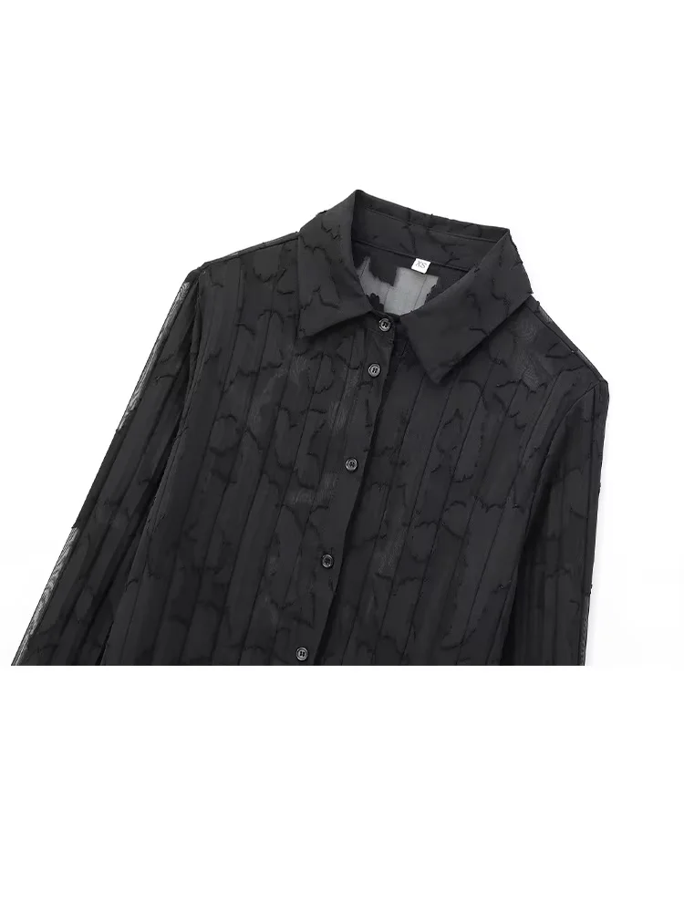 HH النساء الصلبة الدعاوى التلبيب واحدة الصدر طويلة الأكمام حرق التدريجي الطباعة شفافة مطوي قمصان + مرونة تنورة وسط مجموعة