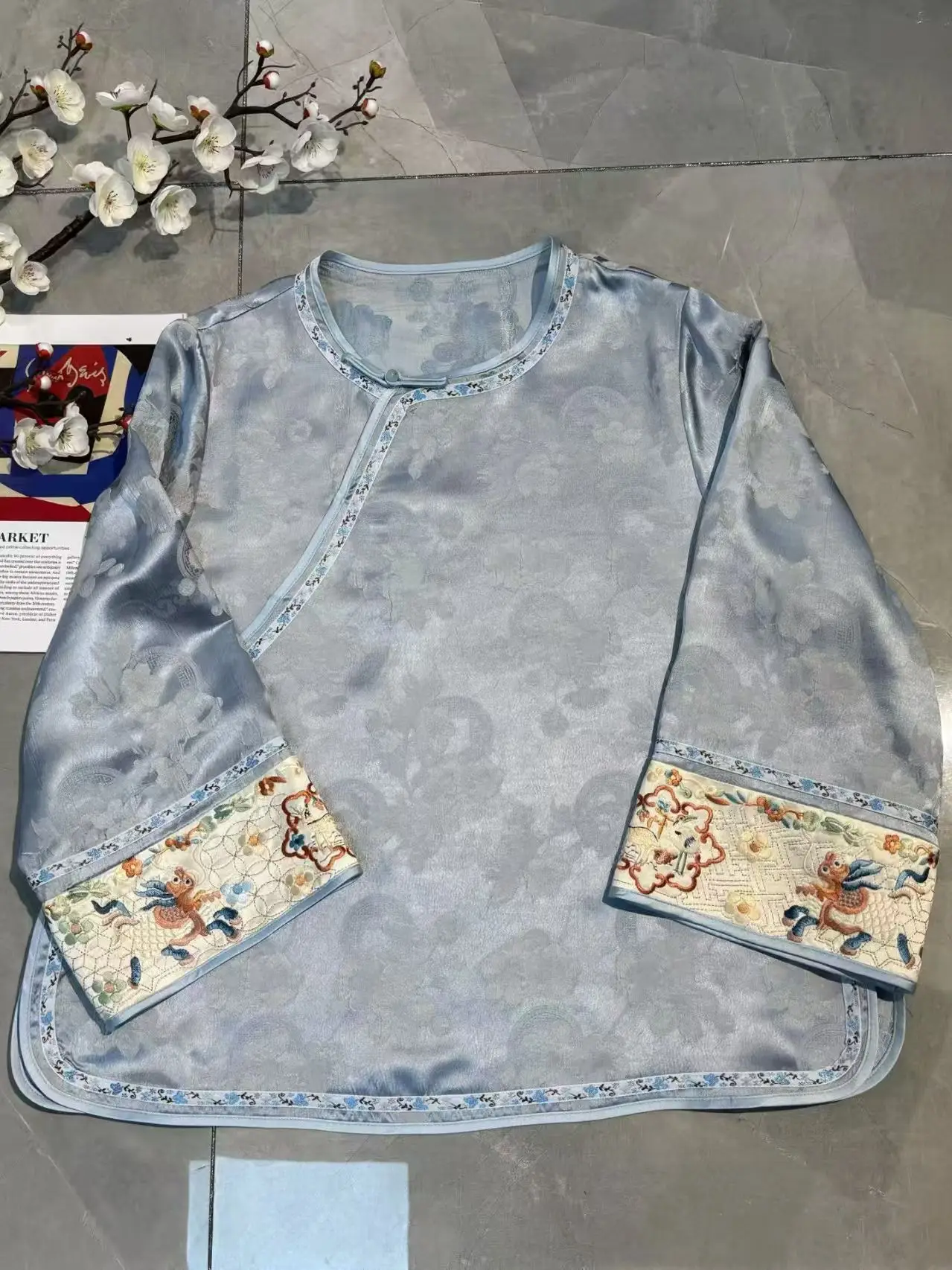 High-end Spring Summer New Acetate Coat Embroidery Flowers Women Elegant Loose Lady Top S-XXL