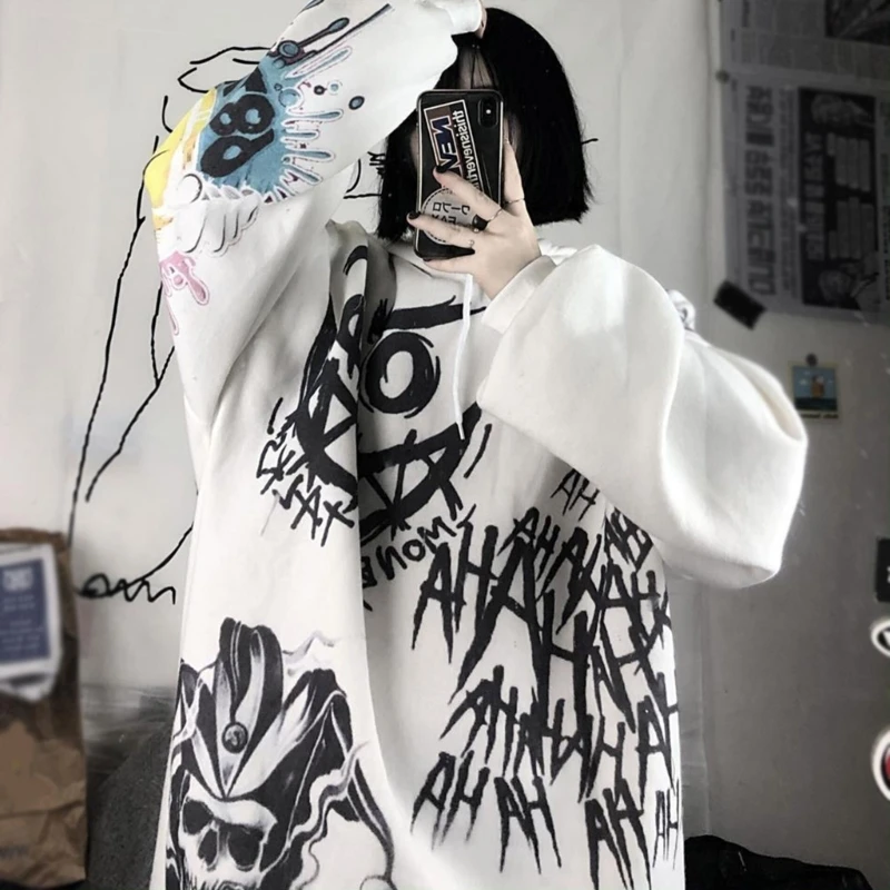 Womens Gothic Punk Face Print Long Sleeve Hoodies Harajuku Hip-Hop Oversized Loose Sweatshirt Streetwear