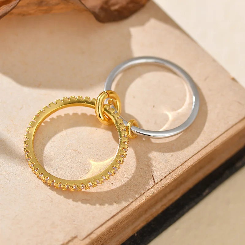 

925 Sterling Silver Women Stackable Rings Cubic Zirconia Inlaid Double Layer Rings Multi-Link Connected Stack Jewellery gift