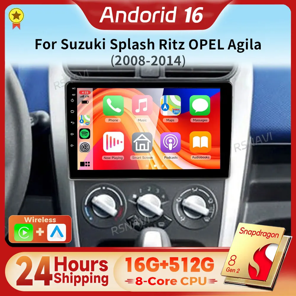 Android 16 Qualcomm Carplay Auto 2K Screen Car Radio Multimedia Player For SUZUKI Splash Ritz OPEL Agila 2008 - 2014 Snapdragon
