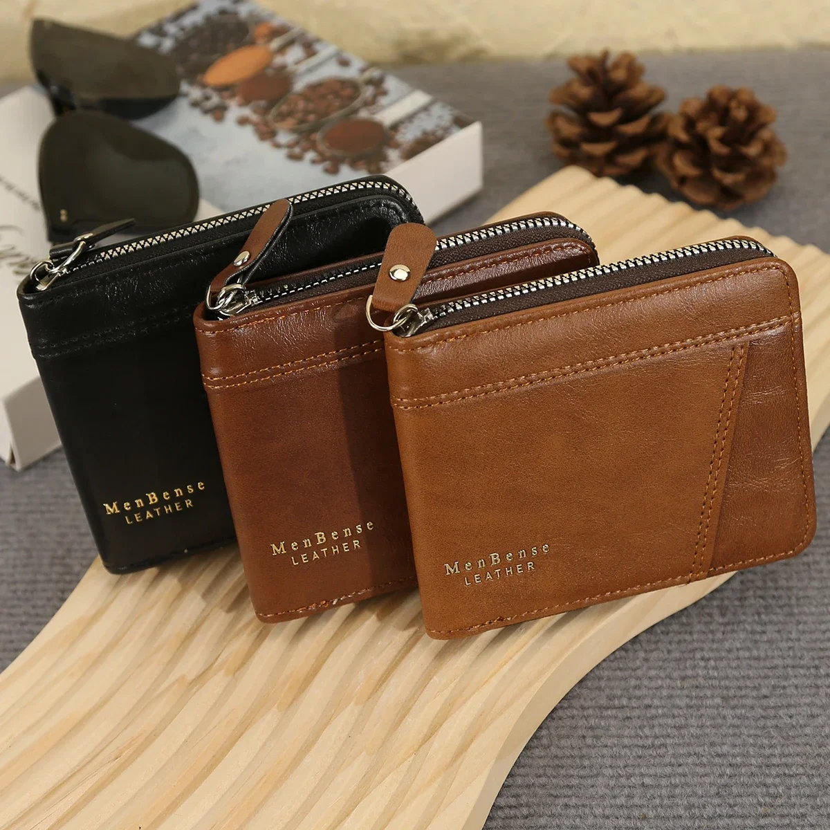 New Men's Business Wallet Classic Spliced Synthetic Leather Multi-Card Short Wallet Large Capacity Zipper Card Bag Zero Purse