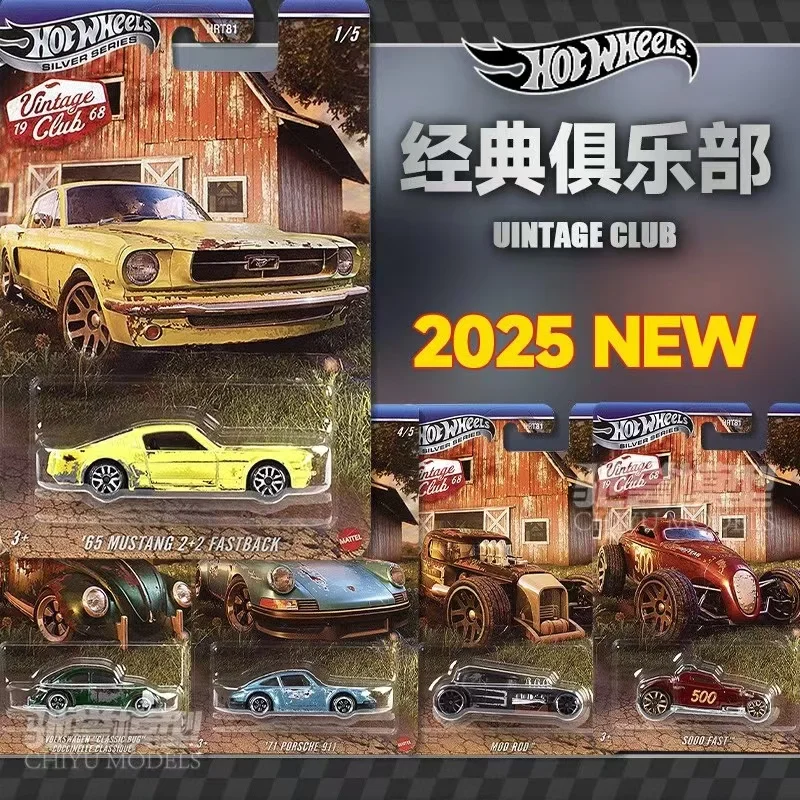 Mattel 2025 Nouveau produit Hot Wheels Classic Club Mustang Porsche 911 Volkswagen Beetle Modèle de voiture en alliage rétro Hrt81 Étiquette argentée Modèle de voiture moulé sous pression Cadeau de vacances d'anniversaire