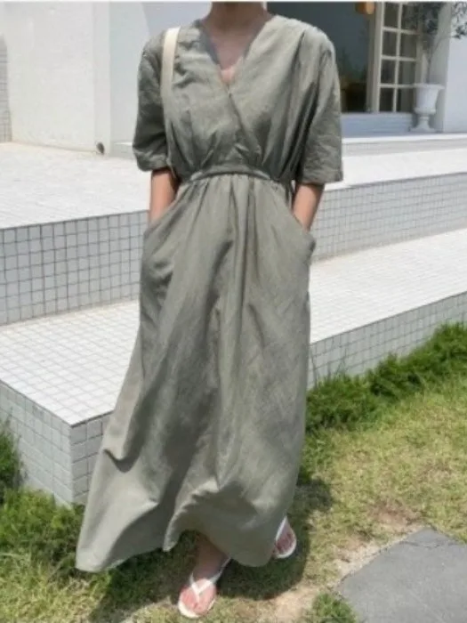 Retro Korean Style Loose V-Neck Casual Midi Dress Pure Color Holiday Vibes Cotton Soft A-Line Skirt Breathable Spring Autumn