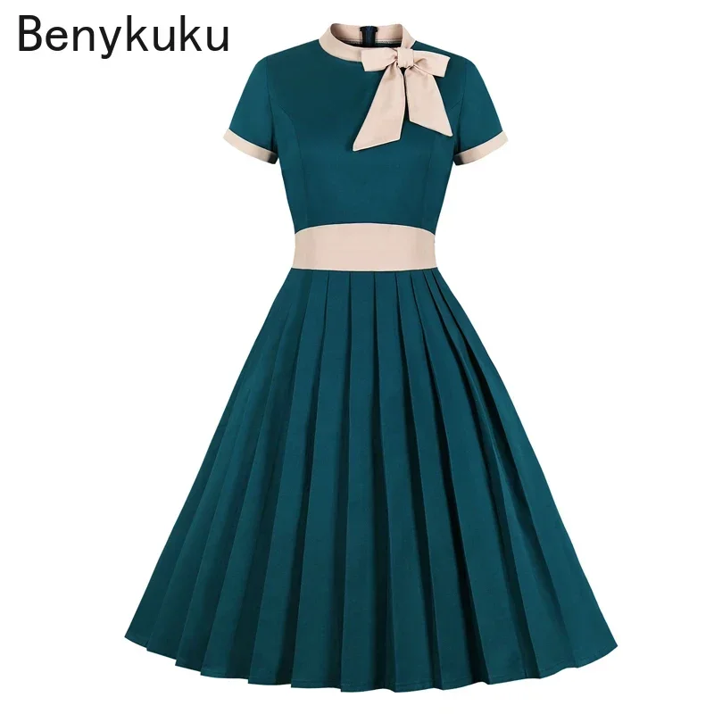 Bow Tie Neck Elegant High Waist Swing Cotton Dresses Summer Clothes Women 50s Vintage Red Turquoise Pleated Party Midi Dress