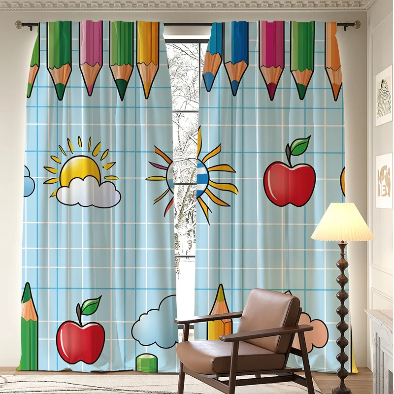 Colorful Pencil Curtain, Cute Apple Sun School Pattern Window Drape, Education Kids Room Decor, Blackout Fabric for Study