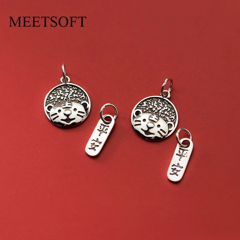 MEETSOFT 925 Sterling Silver Tiger Round Printing Square Card Safety Pendant Charms of DIY Handmade Making Bracelet Supplies