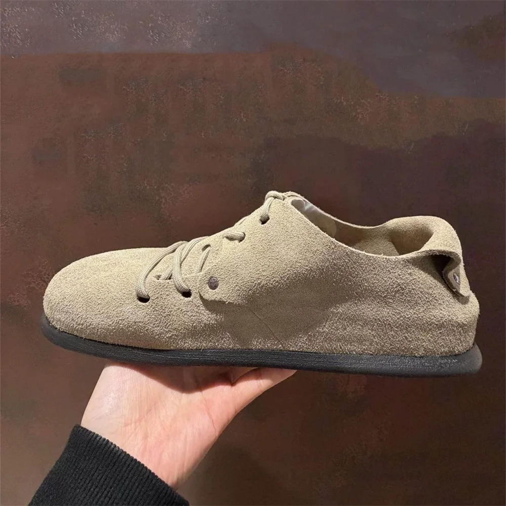 Suede Distressed Flat Loafers Retro Men Round Toe Casual Style Lace Up Comfortable Solid Color 2026 Autumn New Single Shoes