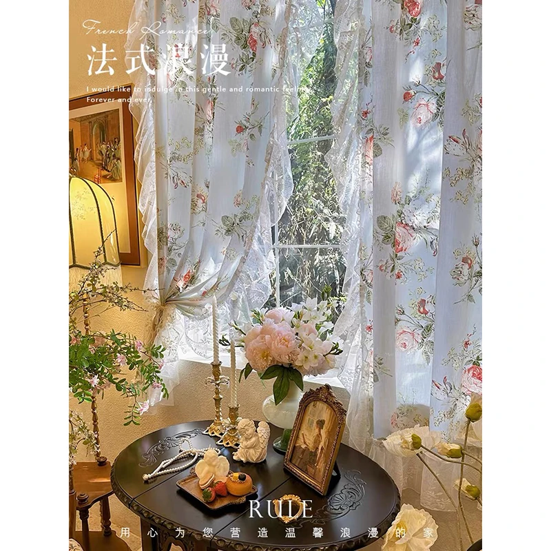 French Style Rural Flowers Curtains Cloth for Living Room Lace Warp Ruffled Floral Blue  Curtains for Bedroom Kitchen #A672
