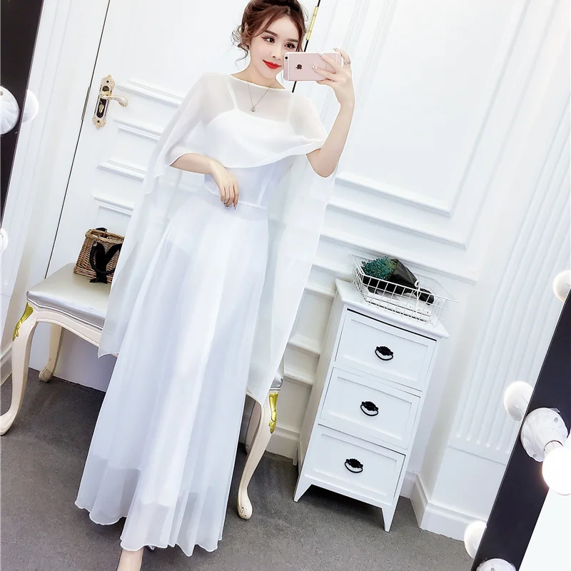 เสื้อกล้าม เสื้อชั้นในสตรี กระโปรง ครีมกันแดด ผ้าคลุมไหล่ ผ้าชีฟอง สองชิ้น แฟชั่นหรูหราและซุปเปอร์นางฟ้าเจ้าหญิง ชุดลําลองยาว