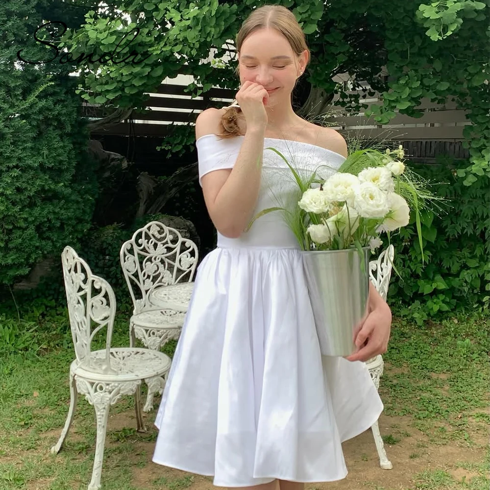 Sondr Mini Korean Wedding Dresses Boat Neck Corset Back  Bridal Gown Customized A Line Short Bridal Party Gown Reception Dresses