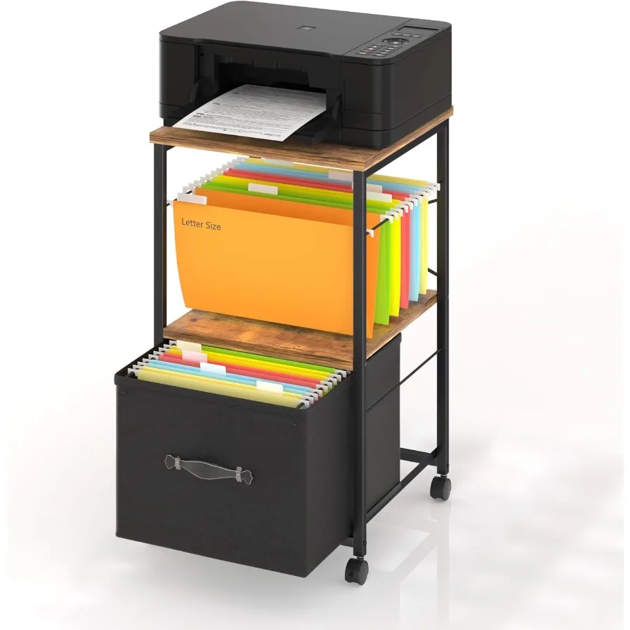 حامل طابعة كبير بعجلات مكسرة، وخزانة ملفات مثبتة على الجانب مع درجين قماشين كبيرين، أسود.