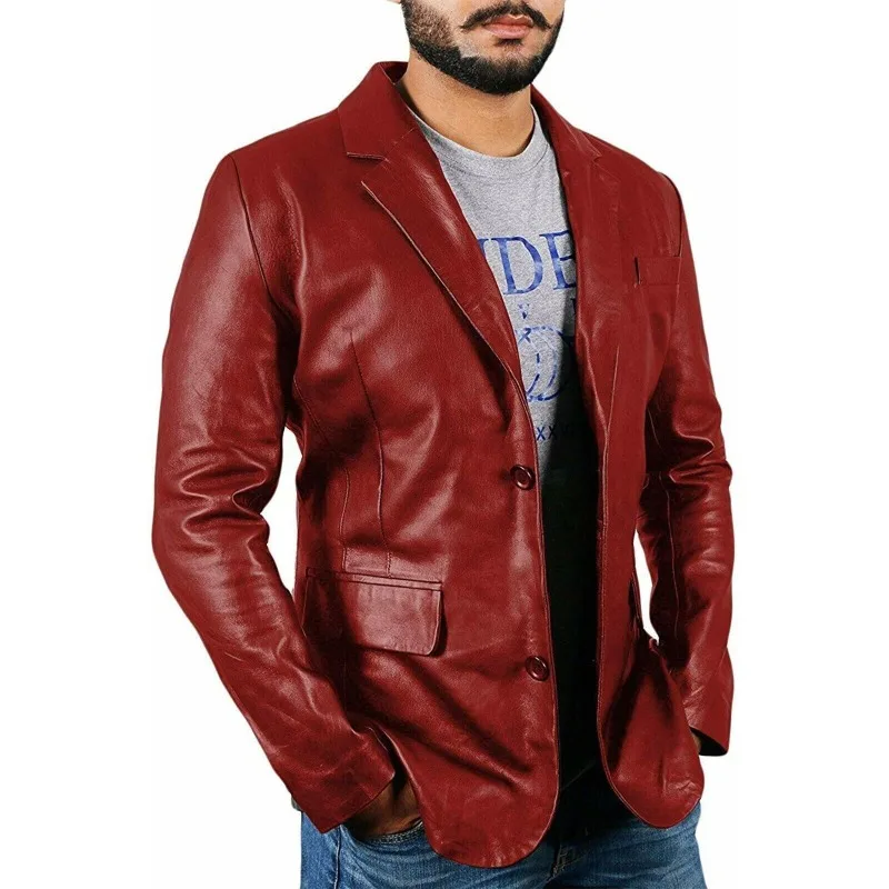 

Men Genuine Lambskin High Quality Leather Soft Blazer Two Button Jacket Red Coat