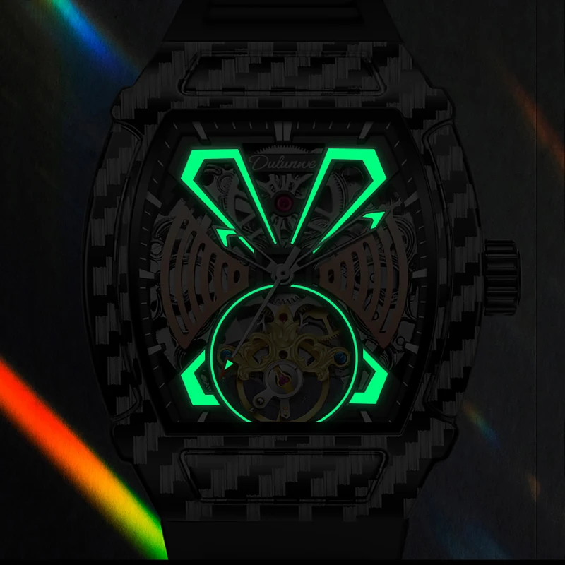 Dulunwe Tourbillon Design رجال الأعمال ساعة ميكانيكية موضة حزام مطاطي ساعات أوتوماتيكية للرجال Reloj Hombre