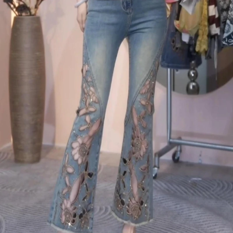 Women New Comfortable Design Sense Solid Color High Waist Draped Straight Thin Trousers Summer Skeleton Embroidery Denim Slim