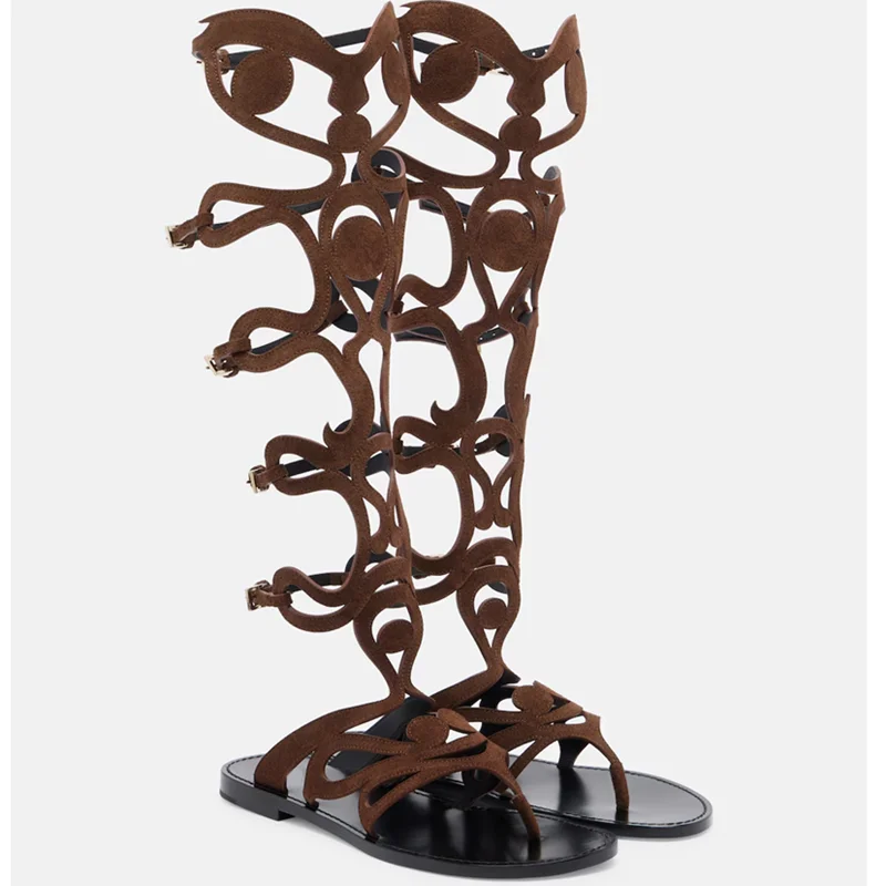 Hollow Out Knee High Flats Sandals Sexy Pointed Toe Metal Buckle Belt Customized New Arrivals Fashion Women Modern Shoes