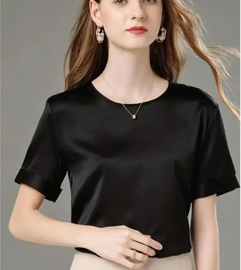 

Women's Basic Artificial Silk Chiffon Shirt plus size Short Sleeve Korean Style Casual Solid Satin Blouse Summer Streetwear Top