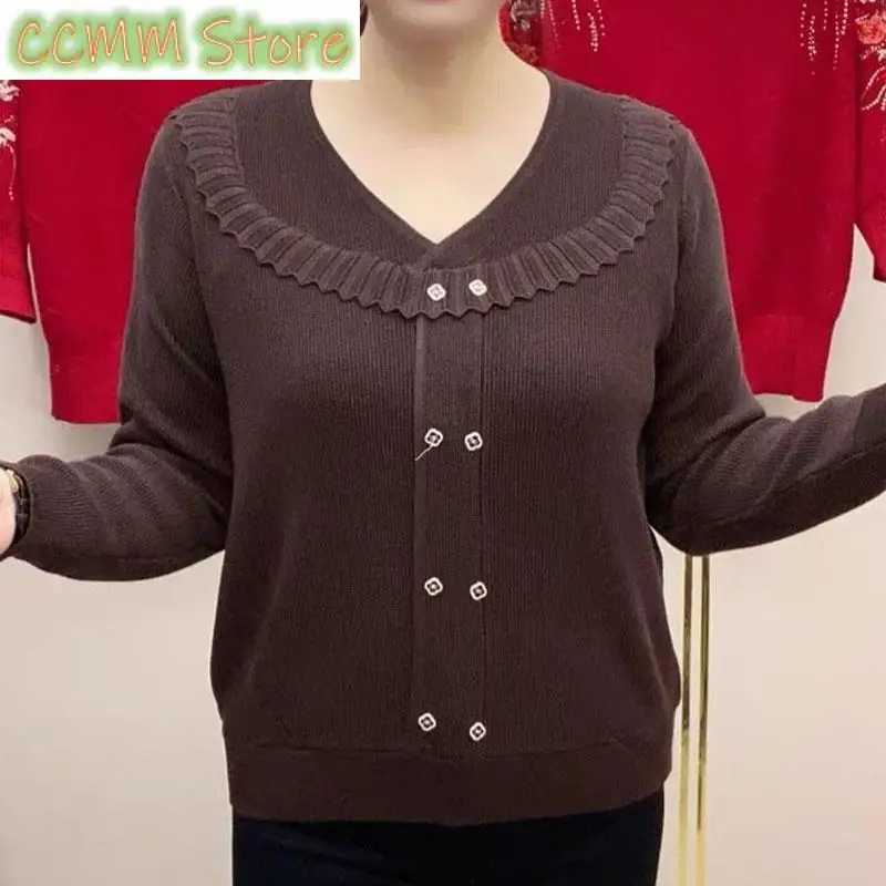Casual Folds Spliced Knitted Shirt Female Clothing Stylish V-Neck Spring Autumn Loose Vintage All-match Solid Color Blouse