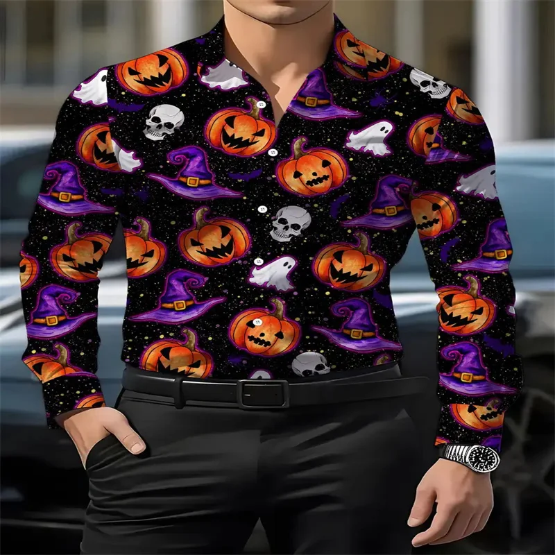 

Halloween Pumpkin Print Long Sleeve Shirt Casual Urban Street Single Breasted Shirt Halloween Fashion Men's Shirt