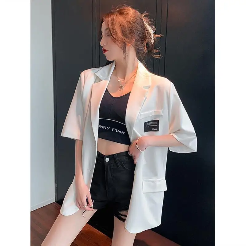 2024 Women's Summer New Patchwork Notched Button Pockets Fashion Solid Color Versatile Minimalist Casual Short Sleeved Blazers