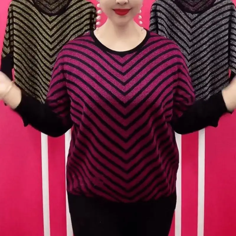 Spring Autumn Women Sweaters Pullovers O-Neck Striped Bright Silk Fashion Casual Loose Long Sleeve Bottoming Shirt Knitted Tops