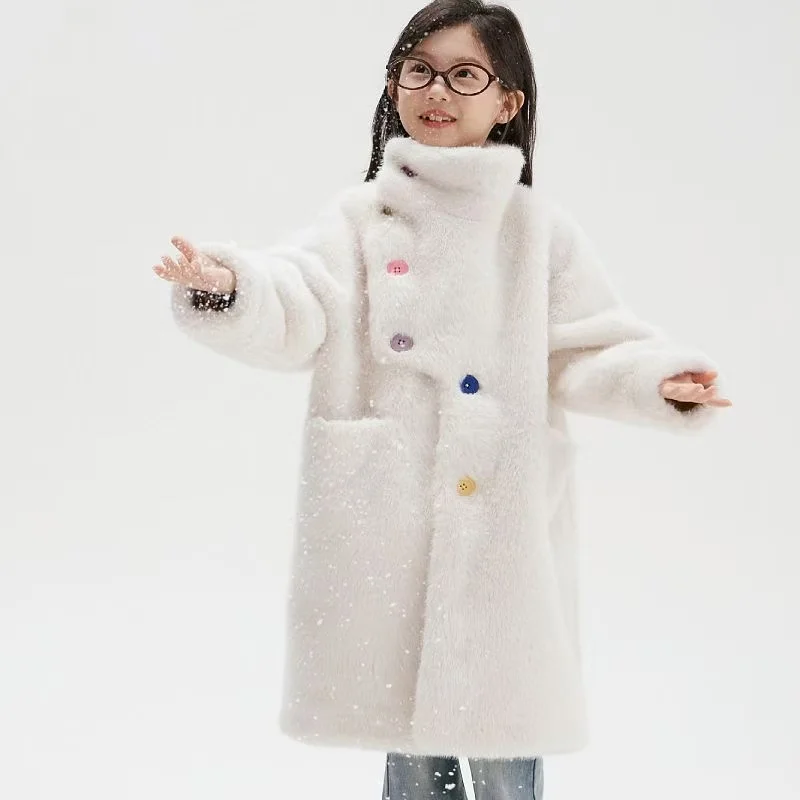 6-13Y Girls Coat Coat Girls Autumn and Winter High-grade Sense Long Mink Fur Children's New Women's Children Winter Woolen Coat