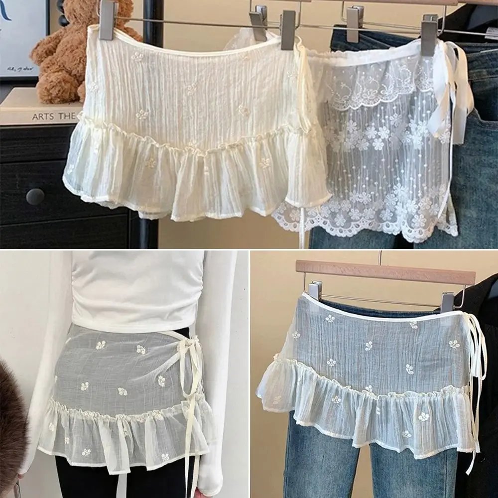 

New Embroidered Flower Lace Mini Skirt See Through Y2K Streetwear Ruched Skirts Harajuku Pleated Skirts Jeans Decoration