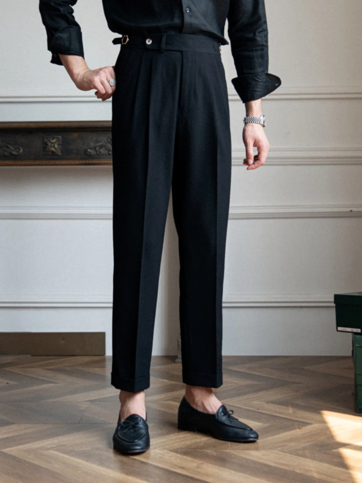 

Mr. Deer Tee Gentleman Briti Naples Casual Straight Leg Pants Men's Faion Commute Bubble Cloth High Waist Pants