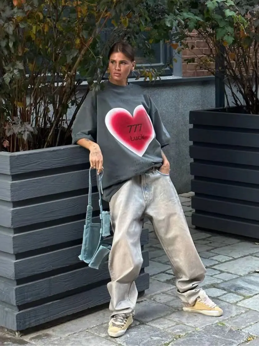 Love Printing Design Washed Retro Cotton Short Sleeves Loose Oversized T Shirt Women Clothes