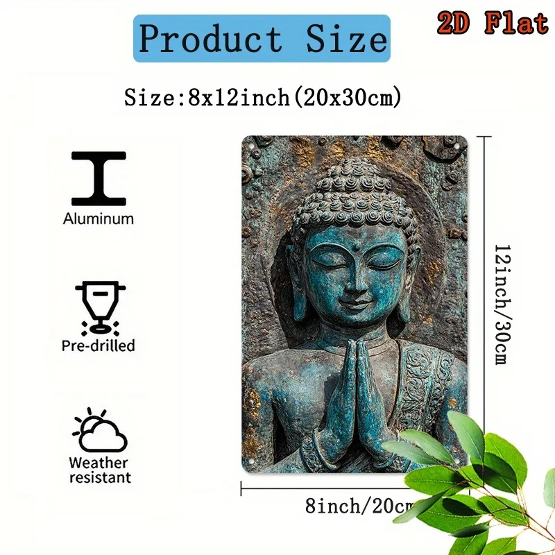 2D Flat, Flat Vintage Buddha Statue Holding Prayer Hands Aluminum Wall Art - Serene Meditation Pose, Intricate Design, and Blues