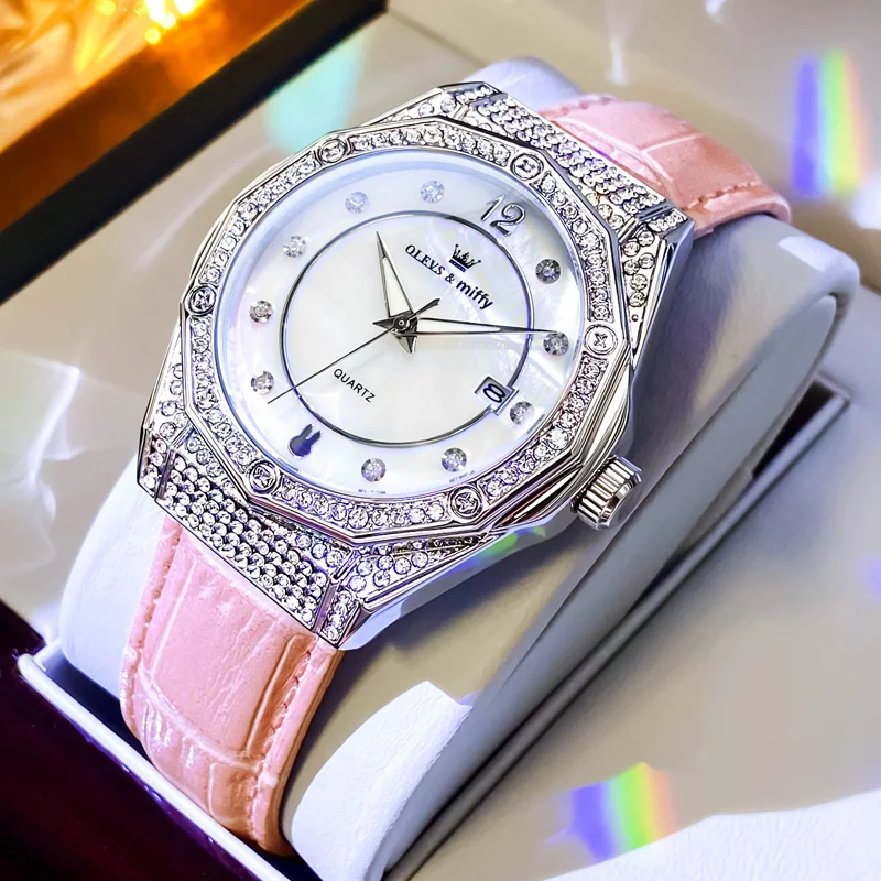 

OLEVS 1003, женские часы со звездами, элегантность, изысканный стиль, роскошный полный комплект, сверкающий бриллиантовый кожаный ремешок, водонепроницаемые модные часы