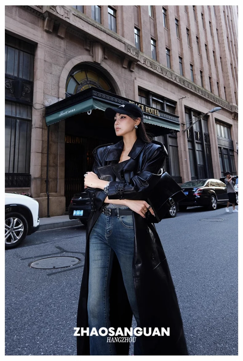 Lautaro Spring Autumn Cool Extra Long Black Loose Pu Leather Trench Coat for Women with Shoulder Pads Belt European Fashion 2024