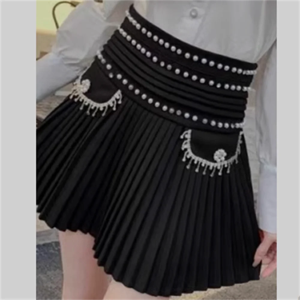 Bead diamond pleated skirt new A-shaped high-waist short skirt