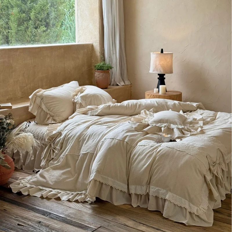 French Vintage Princess Style 4-Piece Bedding Set – Cotton Linen Blend with Lace and Bow Trim, Duvet Cover & Bedspread