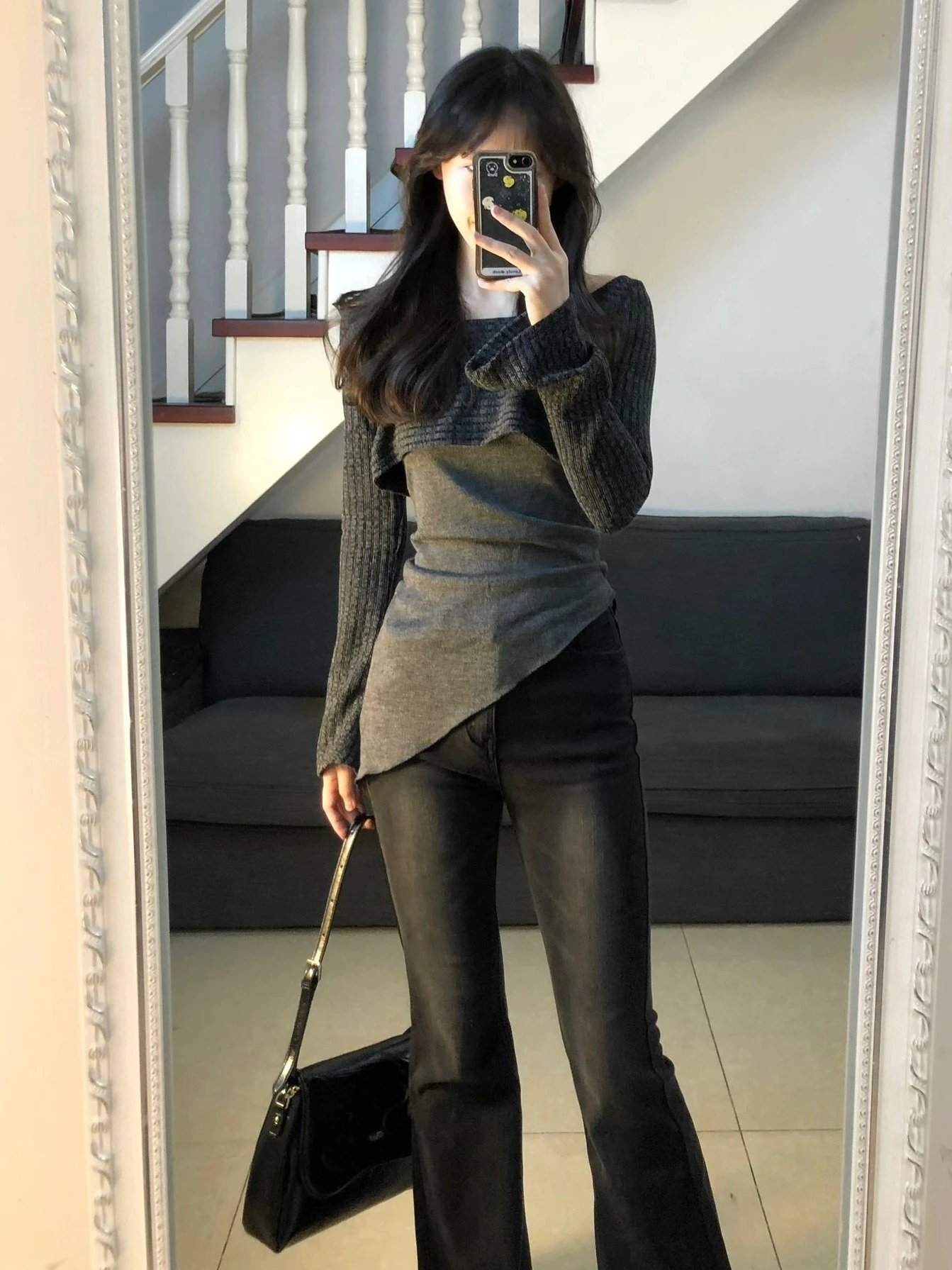 Coreano sle sexy camisola de malha feminina início do outono retro assimétrico design único high end sentimento topo na moda faion