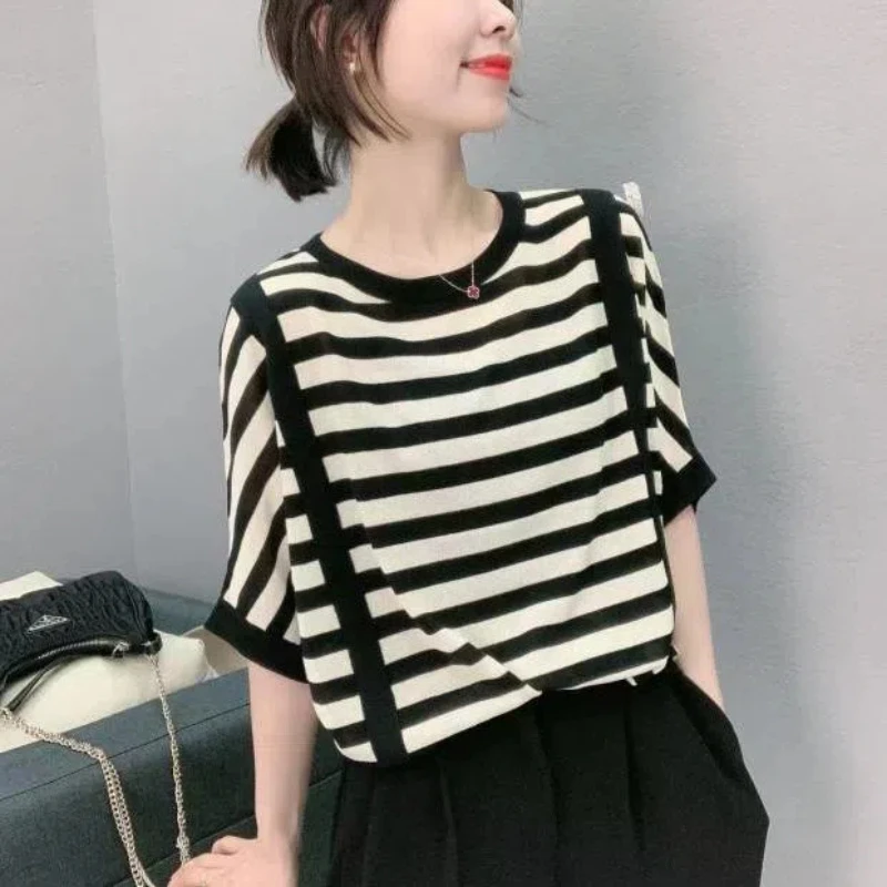 Spring Summer New Fashion Round Neck Short Sleeve Women's Clothing Loose Striped Tees Female Clothes Tops Korean Style T-Shirts