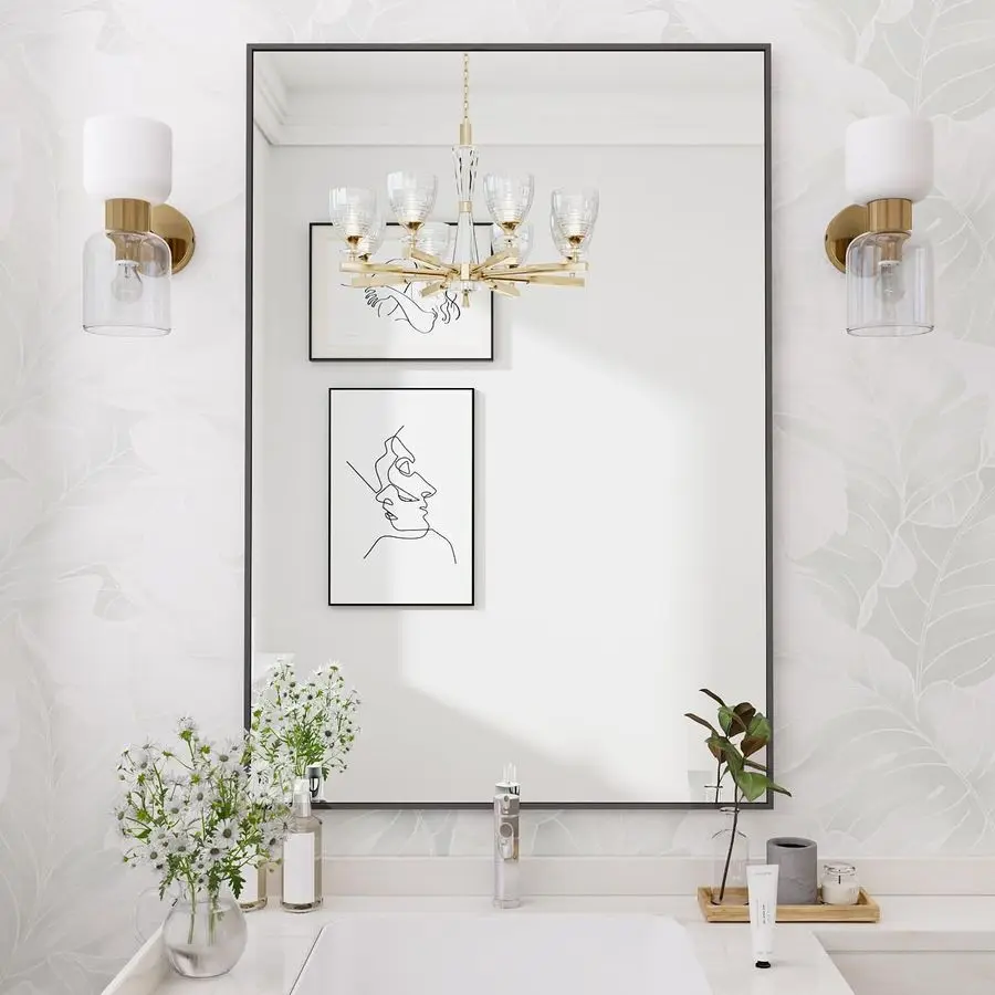 

Черное прямоугольное настенное зеркало, 20x30 дюймов, зеркало для ванной комнаты, зеркало с алюминиевой рамой для прихожей, гостиной, спальни, ванной комнаты