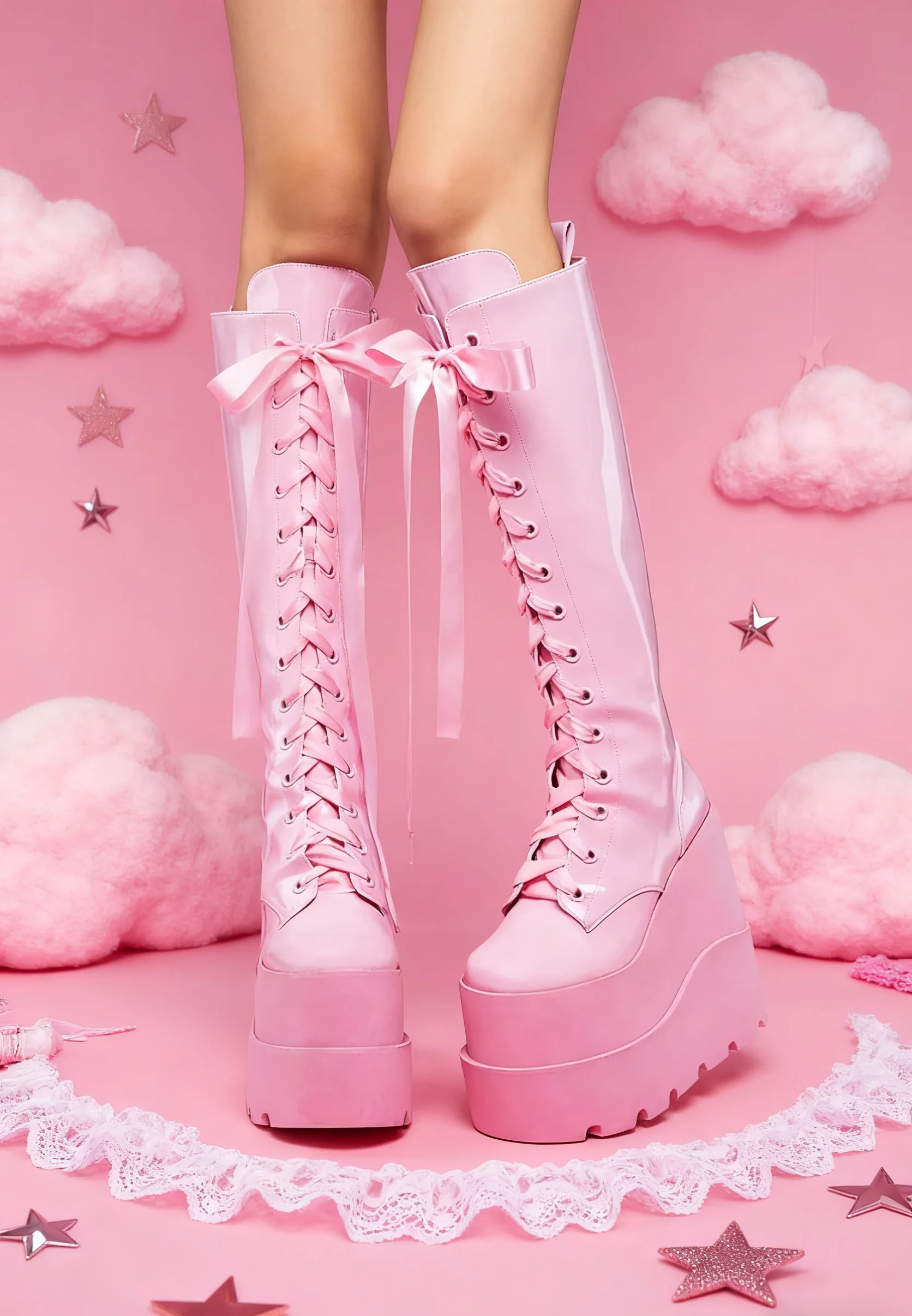 

Розовые женские сапоги до колена на платформе с круглым носком в стиле панк, туфли на танкетке на очень высоком каблуке со шнуровкой, туфли большого размера по индивидуальному заказу