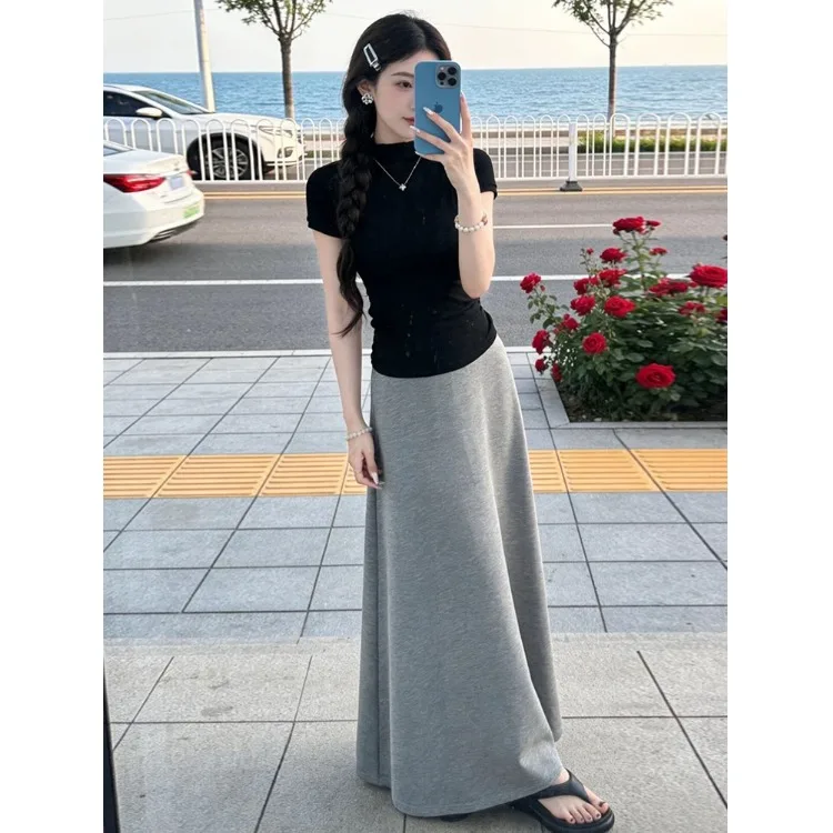 

Summer Fashion Slim Fit Soft Style Half Skirt Set Women's Clothing High Waist Cotton round Neck T-Shirt Mid-Thickened Set