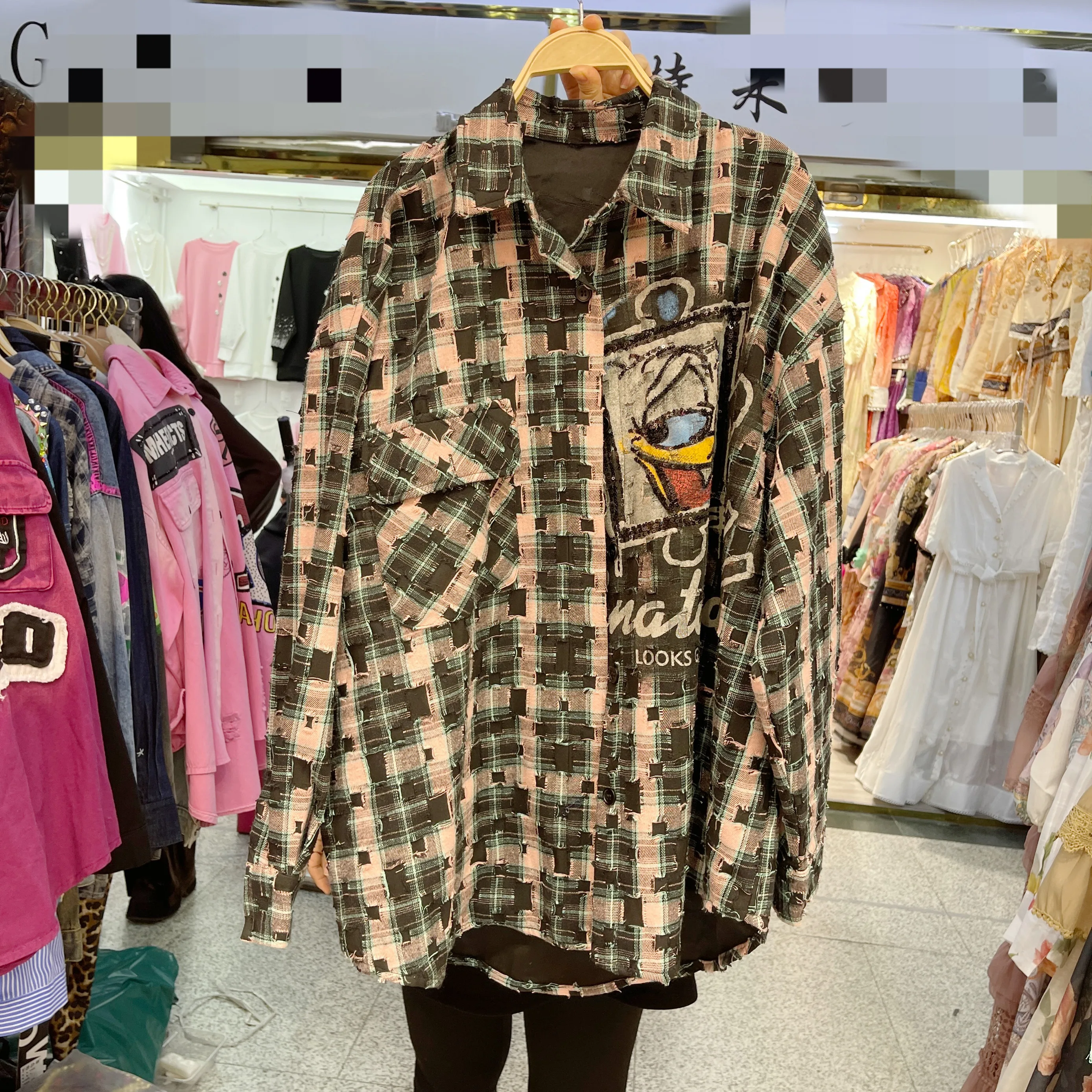 European Goods Casual Shirt top 2025 Spring New Loose Medium Length Plaid Cartoon Print Top Sequins Long-sleeved Shirt Women