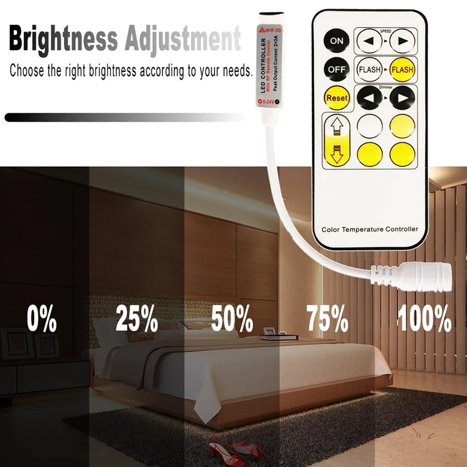 Dual Color Temperature LED Strip Light Mini Controller DC 5V 12V 24V 6A 2-Channel RF 15-Key Wireless Remote Control CCT Dimmer