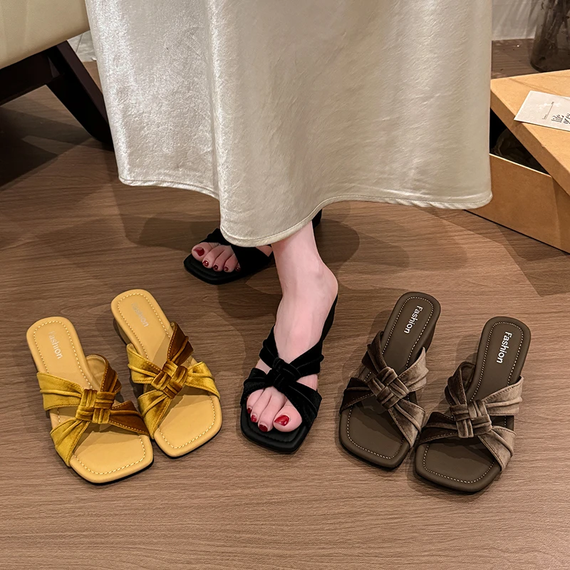 Damen-Slipper mit eckiger Zehenpartie und Schleife, weiche, flache, offene Sandalen, Sommer, Alltag, Freizeit, Slip-On, Damen-Outdoor-Strandschuhe, Wanderschuhe