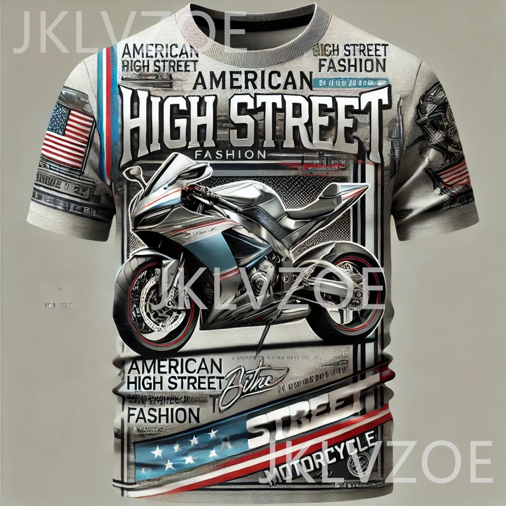 

American Street Fashion Motorcycle 3D Printed Men's Short Sleeved T-shirt Men's Round Neck Oversized Breathable Casual Tees