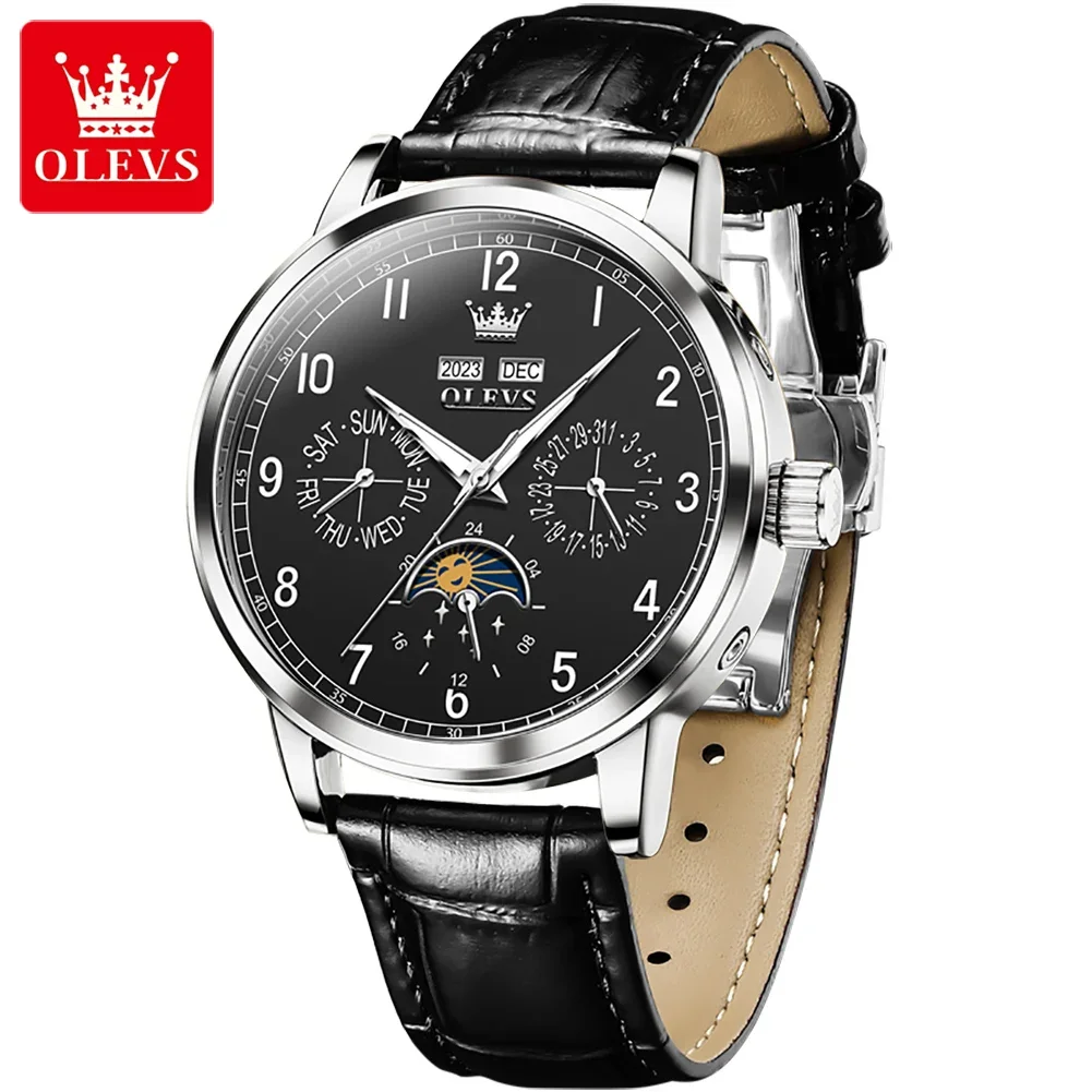 

OLEVS 6698 Mechanical Automatic Watch For Men Multifunctional Luminous Wristwatch Waterproof Leather Strap Mens Watches Gifts