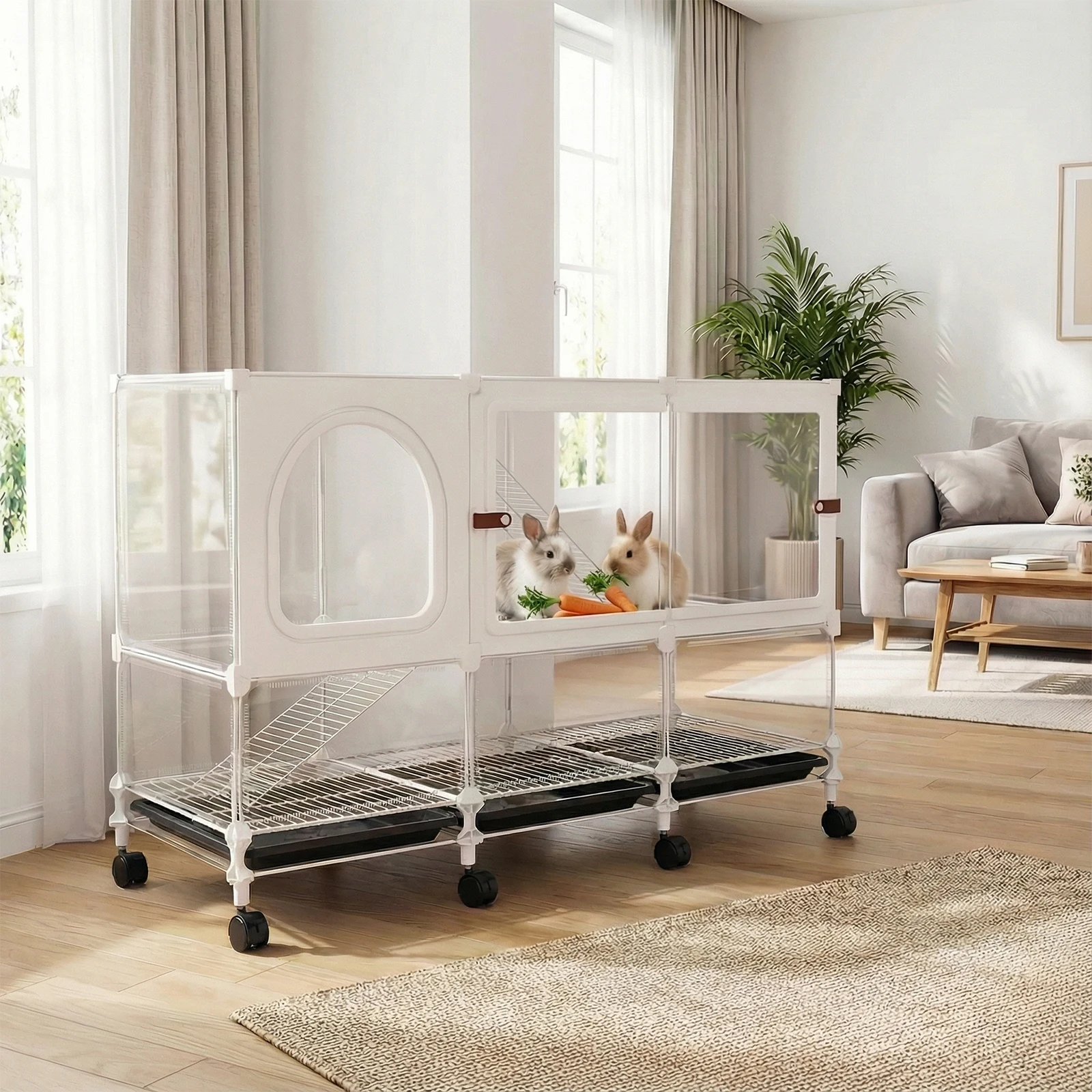 

Двухуровневая металлическая клетка для разведения кроликов с выдвижным поддоном, прозрачной панелью и колесами для содержания домашних животных, включая шиншилл