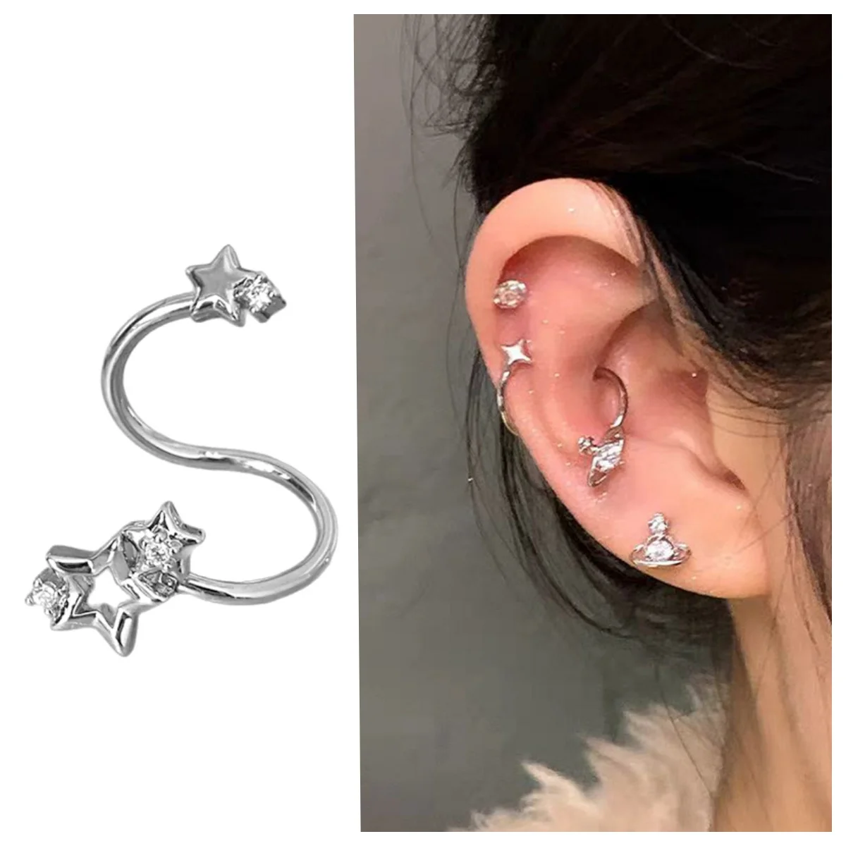 ●1PC Star Surround Planet Spiral Ear Bone Nail For Women New Fashion Silver Color Earrings Accessories