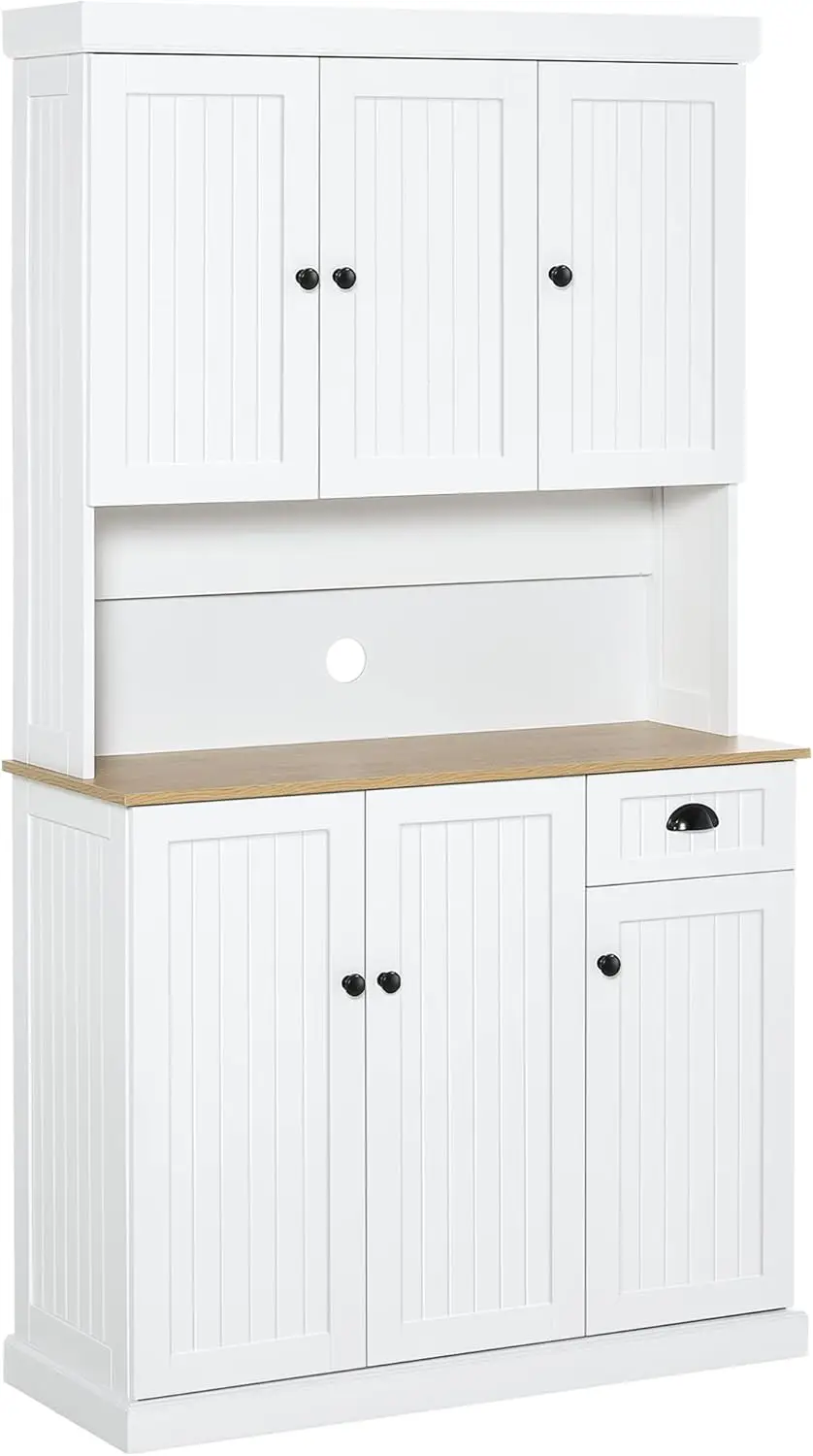 

71" Buffet w/ Hutch, Modern Farmhouse Kitchen Pantry Storage Cabinet with Microwave Oven Countertop, Drawer, and Cupboard, White